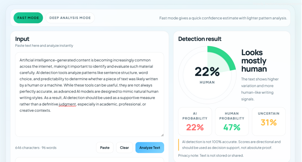  AI detector interface showing results that how to detect AI-generated content more reliably using AI detection tool