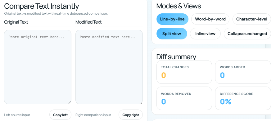 Compare text changes fast using a diff checker tool with side-by-side comparison and instant results