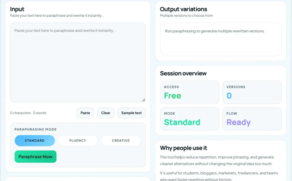 Text paraphraser dashboard showing input editor, output variations, paraphrasing modes, and AI rewriting controls for academic writing support